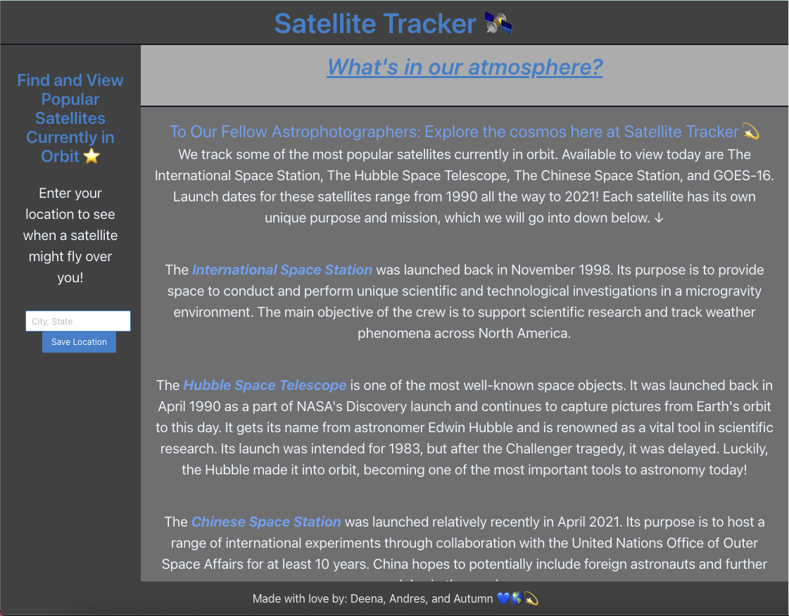shot of functional website for Satellite Tracker